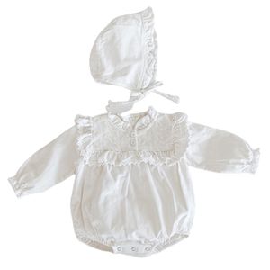 0-3Yrs Girl's Spring Girl Lace Flowers Long Sleeve Cotton One-piece Clothes + Hat Baby Bodysuits 210417