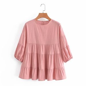 Kobiety Solidna Kolor Okrągły Neck Loose Casual Krótkie Rękawy Koszulka Vintage Halter Głowy Wzburzyć Szwy Szykowe Kobiece Topy 210507