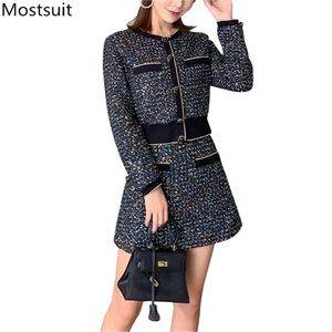 Autumn Vintage Elegant Tweed Twow Skirt Suit Set Women Women-Breasted Coat + A-Line Mini Ladies Fashion Outfit 210513