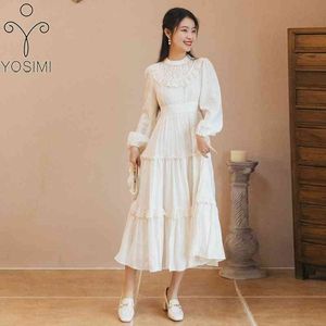 Yosimi White Algodão e Linho Mulheres Vestido De Verão Stand-Neck-Neck Long Lanterna Sleeve Mid-bezerro Laço Empire Sweet 210604