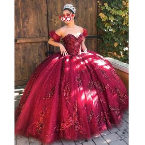 Bling Bling Burgundy Sequins Quinceanera Elbiseler 2021 Mütevazı Tatlı 16 Doğum Günü Partisi Balo Elbise Debutante Önlükler Vestidos