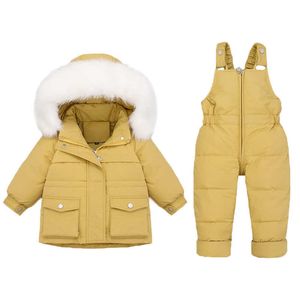2021 Winter Unten Set Kinder Kleidung Echtpelz Kragen Parkas Mädchen Ski Anzug 2 stücke Set Baby Overalls Junge Schneeanzug infant Kleidung H0909