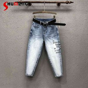 European Slim Jeans Pant Spring Personalidade Alto Cintura Buraco rasgado Harem Moda Carta Imprimir Denim Calças 210629