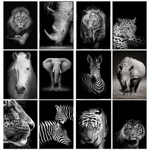 Animal Giraffe Zebra Lion Elephant Horse Prints & Poster Black and White Canvas Art Wall Decorative Picture for Living Room