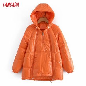 タンガダの女性オレンジの特大のフードパーカー厚い冬ジッパーポケット女性暖かいエレガントオーバーコートジャケット2g57 211216
