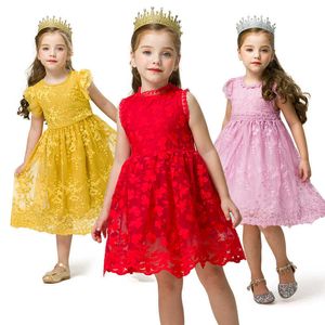 Red Christmas Girls Dress Flower Princess Birhtday Party Baby Girl Clothes Kids Children Lace Frocks 2 3 4 5 6 7 Years Clothing Q0716