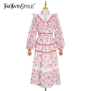 TWOTWINSTYLE Printed Floral Two Piece Set For Women Halter Lantern Long Sleeve Top High Waist Skirt Sets Female Style 210517