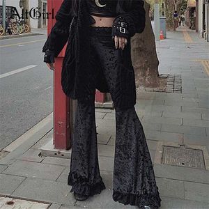 Altgirl Harajuku Punk Gothic Flare Calças Mulheres Grunge Street Vintage Mall Goth Lace Retalhos Escavar Escuro Preto Veludo Calças 211112