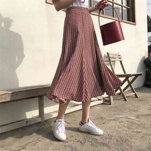 Elegant Print Pleated Skirt Summer Long Skirts For Women Floral A-line Longue Maxi Jupes Pour Les Femmes Chiffon Mid-calf 210421