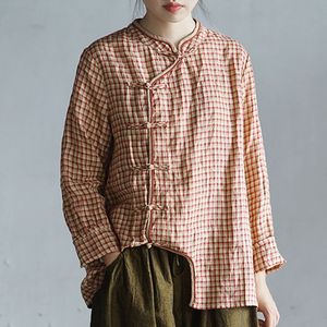 Jouncatuat Cotton Linen 레트로 격자 무늬 플레이트 버클 스탠드 불규칙 셔츠 가을 느슨한 편안한 모든 일치 여성 탑 210521