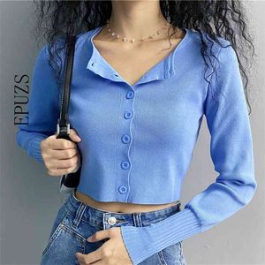 Vårvit Beskuren Cardigan Kvinnor Crop Sweater Sexig Långärmad Knapp Strikkad Koreansk Tjej Topp Streetwear 210521