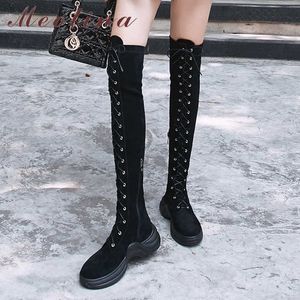 Meotina Kid Wildleder Plattform Flache Stretch Lange Stiefel Frauen Schuhe Reißverschluss Kreuz gebunden Echtes Leder über den Kniestiefel Damen Schwarz 210608