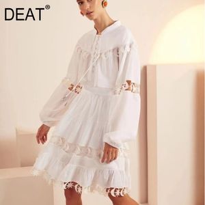 DEAT summer fashion women clothes round neck full sleeves hollow out single breasted shirt and high waist skirt set 210428