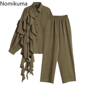 Nomikuma koreanska två stycket kostym kvinnor oregelbunden ruffle patchwork blouse skjorta + stretch hög midja bredben långa byxor sätter 6e039 210427