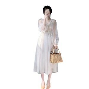 Chic Net İplik Elbise Kadınlar Yaz Kore Zarif Peri Tatlı Puf Kollu Bel Ince Kayısı Uzun Elbiseler Kadın LR1316 210531