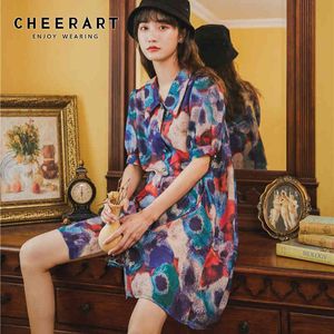 Chiffon Summer Floral Print Shirt Dress Womenn Short Sleeve Button Up Loose Korean Collar Mini Vintage Clothing 210427