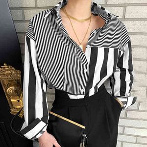 Spring Women Fashion Casual Blouse Single Breasted Turn-down Collar Long-sleeved Panelled Striped Shirt 8P046 210510