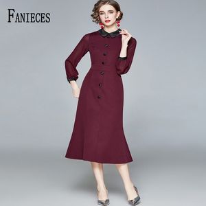 女性春秋赤長袖パーティードレスオフィスレディ女性ビンテージミディドレスフェムメーローブvestido de Mujer 210520