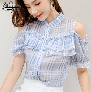 Blusas Mujer De Moda Ruffles a strisce plaid chiffon camicetta fuori spalla superiore manica corta camicie da donna camicie da donna Top 4501 50 210508