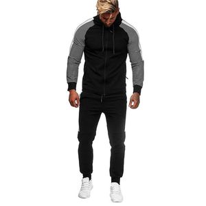 Mens Sports Sets Splicing Sweatshirt Top +pants Streetwear Suit Drawstring Zipper Cool Solid Plus Size Muscle Man Tracksuit X0322