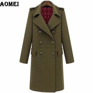 Vinter Europa Amerika Style Högkvalitativ damer Lång kappa Quilted Dubbelbröst Trench Woolen Coats Navy Blue Army Green 210416