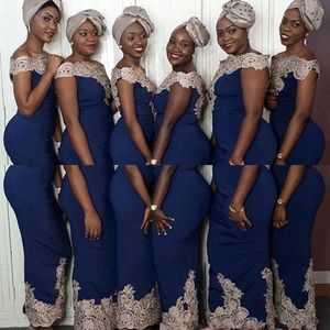 African Gold Lace Appliques Bridesmaid Dresses Off Shoulder Short Sleeves Sheath Royal Blue Wedding Guest Ankle Length Maid Of Honor Dress