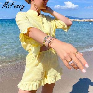 Msfancy pantalones cortos de verano conjunto de algodón 2 piezas conjunto mujer stand collar camisa media manga vintage pijamas traje 210721