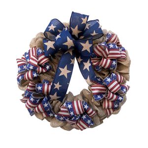 2021 Vlag Krans Patriottische Daisy Wreath Handmade Patriottische Burlaps en Amerikaanse vlag Lint Krans voor Julys voordeur Q0812