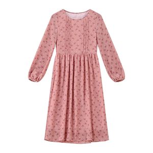 Pink Chiffon Floral Flower Print O Neck Long Lantern Sleeve Midi Dress Mid Calf Sweet Autumn D0604 210514