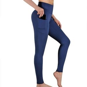 Kvinna legging med fickor smal passform push up höga midja kvinnor byxor leggings sport gym fitness navy blå bodycon 210604