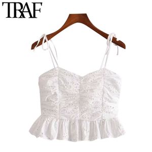 TRAF Women Fashion Cutwork Embroidery Ruffled Cropped Blouses Vintage Backless Bow Tied Straps Female Shirts Chic Tops 210415