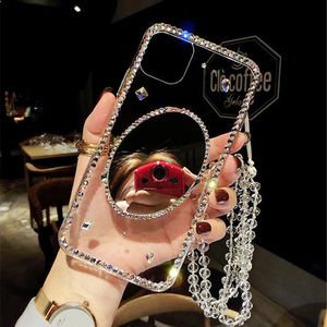 Lyx Rhinestone Diamonds Spegel Telefonväskor Shine Transparent med rep för iPhone 13 XS XR 12 Pro Max 11 Fashion Design Cover Case