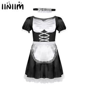 iiniim Mens Sissy French Maid Uniform Fancy Dress Costumi divertenti sexy Clubwear Feste Abito in raso con girocollo e fascia L0407
