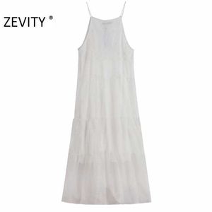 Zevity Women Elegant O Neck刺繍網糸パッチワークホルタードレス女性スパゲッティストラップvestidosシックドレスDS4370 210603