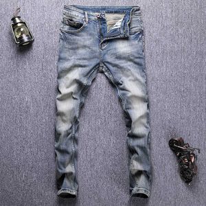 Włoski styl Moda Mężczyźni Dżinsy Wysokiej Jakości Retro Niebieski Elastyczne Slim Fit Ripped Vintage Designer Casual Denim Spodnie UI74