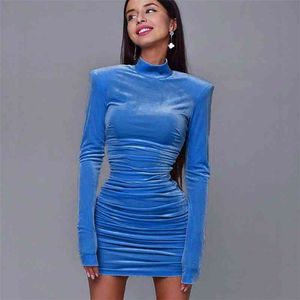 Velvet Bodycon Dress Women Party Mini Nya Ankomster Blue Long Sleeve Celebrity Evening Club 210422