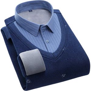 autunno e inverno uomo finto due camicie calde Camicia maglione casual da lavoro giovane e di mezza età Top in maglia spessa felpata 210531