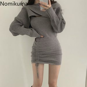 Nomikuma Sexy Slim Knitted 2pieces Sets Super High Waist Short Pullover Knitwear + Drawstring Basic Bodycorn Sweater Dress 6D825 210427