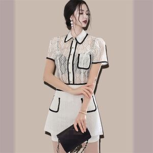 Summer Sexy Hollow Out Lace Women's 2 Piece Sets Lapel Short Sleeve Shirt Tops + A-Line Mini Skirts Office OL Suit 210519