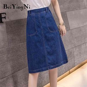 Blå jeans kjol kvinna stor storlek koreansk hög elastisk midja denim saia elegant vintage streetwear faldas cowboys s-5xl 210506