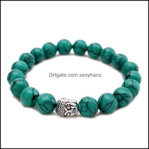 Gioielli con perline, fili Moda 10 mm Perline occhio di tigre Buddha Braccialetti da uomo Preghiera Chakra Guarigione Meditazione Turchese Pietra naturale Yo Sqclga