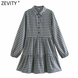 Zevity Women Vintage Plaid Drukuj Koszula Pleda Dress Femme Z Długim Rękawem Casual Business Vestido Odwróć kołnierz ubrania DS4820 210603