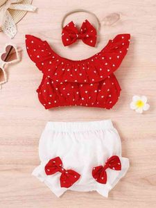 Baby Confetti Heart Print Top Pantaloncini con fiocco sul davanti e fascia LEI
