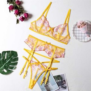 Floral Embroidery Lingerie Sexy Lace Underwear Set Women 3 Piece Push Up Bra Brief Sets Thongs Garters Underwire Bright Yellow 211104