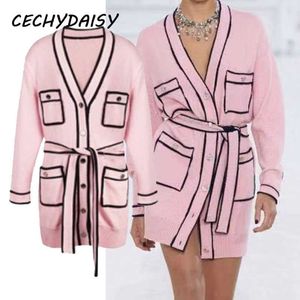 Pink Long Sweater Cardigans Runway Fashion V-Neck Long Sleeve Pocket Elegant Christmas Clothes With Sashes Knitted Outwear 210714