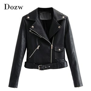 Solid Pu Leather Jacket Women With Belt Office Wear Zipper Tops Lady Long Sleeve Stylish Chic Coat Female Spring Autumn 210515
