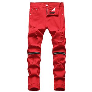 Mens Ripped Jeans Förstör Distressed Stretch Red Elasitc Skinny Knä Zipper Design Denim Pants Pantalones de Hombre