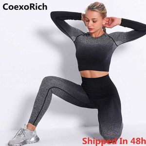 Sport Set Tracksuit Women Fitngym Kläder Seamlyoga Suit Ombre Crop Top Running Tights Leggings Workout Sportswear X0629