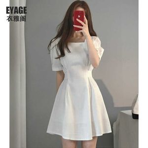 Dresses Minimalist Fashion Retro Mini White Puff Short Sleeve Cotton and Linen Dress Square Neck Pink Slim A Line Vestido Korea 210610