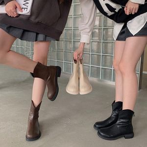 PU for Women Boots Skórzany stóp dookoła jesień zimowe buty Black Brown Niski pięty Panie Zapip Bota Feminina 14281